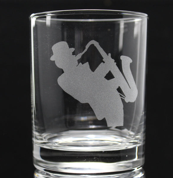 Sax Player  - Personalized Laser Engraved Whiskey Glass - Custom Name - Unique Barware Gift
