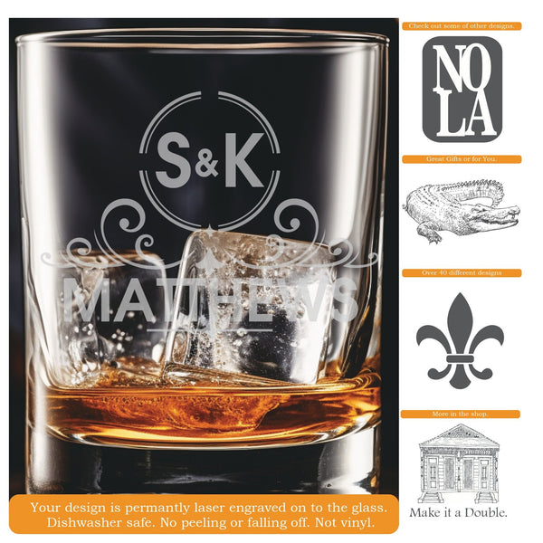 Swirl Whiskey Glass | 13.5 ounce | Laser Engraved | Permanently Etched | Heavy Bottom