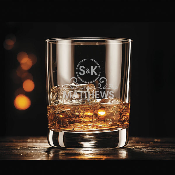 Swirl Whiskey Glass | 13.5 ounce | Laser Engraved | Permanently Etched | Heavy Bottom