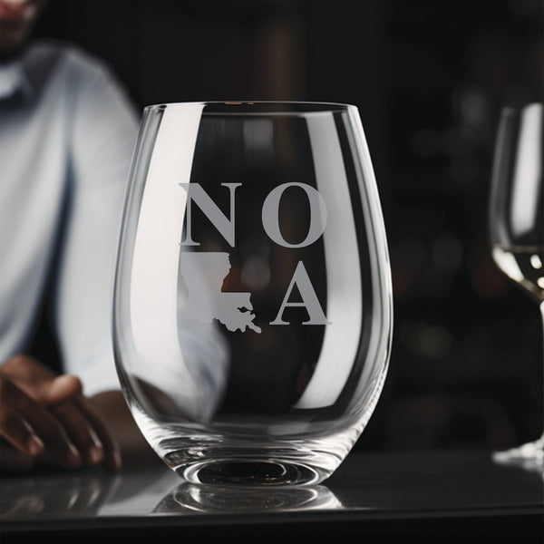 NOLA LA Stemless Wine Glass | 17 ounce | Laser Engraved | Permanently Etched | Stylish | New Orleans Style