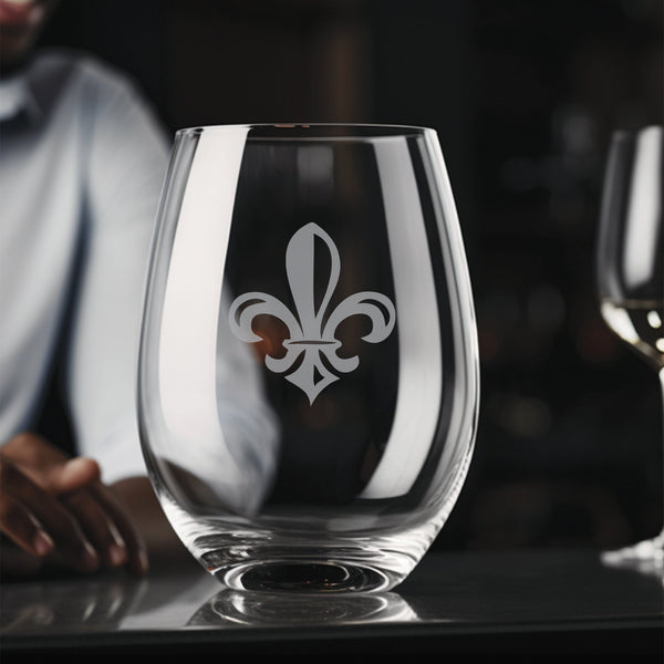 Fleur de Lis #8 Stemless Wine Glass | 17 ounce | Laser Engraved | Permanently Etched | Stylish | New Orleans Style