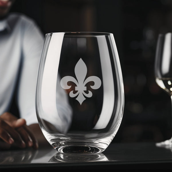 Fleur de Lis #7 Stemless Wine Glass | 17 ounce | Laser Engraved | Permanently Etched | Stylish | New Orleans Style