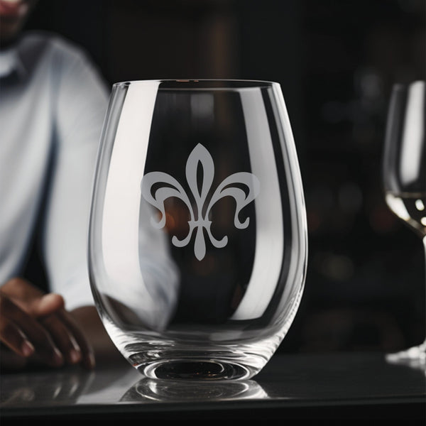 Fleur de Lis #6 Stemless Wine Glass | 17 ounce | Laser Engraved | Permanently Etched | Stylish | New Orleans Style