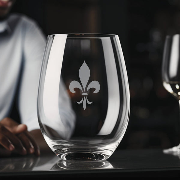 Fleur de Lis #5 Stemless Wine Glass | 17 ounce | Laser Engraved | Permanently Etched | Stylish | New Orleans Style
