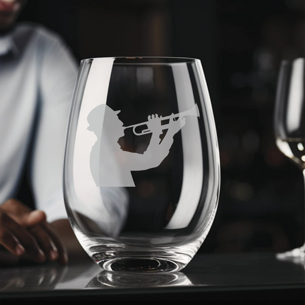 Trumpet  Stemless Wine Glass | 17 ounce | Laser Engraved | Permanently Etched | Stylish | New Orleans Style