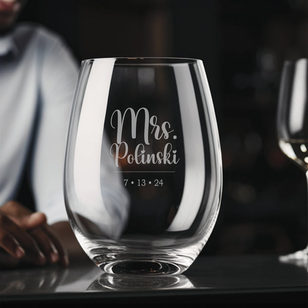 Wedding Design 5 Stemless Wine Glass | 17 ounce | Laser Engraved | Permanently Etched | Stylish | New Orleans Style