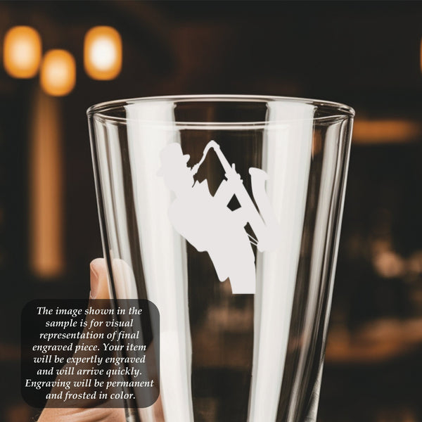 Sax Pint Glass | 16 ounce | Laser Engraved | Permanently Etched | Perfect for a Cold Beverage