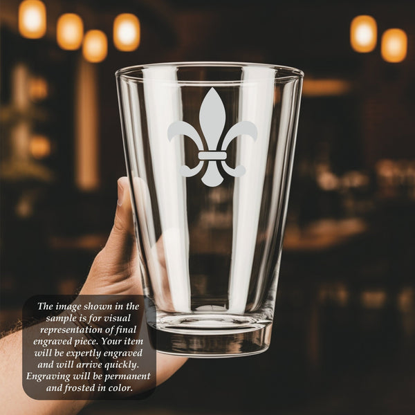 Fleur de Lis #3 Pint Glass | 16 ounce | Laser Engraved | Permanently Etched | Perfect for a Cold Beverage