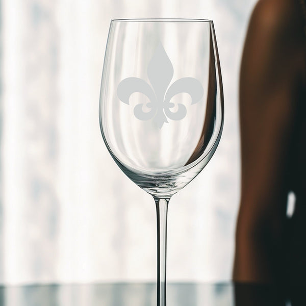 Fleur de Lis #2 | Unique Laser Etched Wine Glass Stemware: Add a Touch of Style to Your Barware Collection