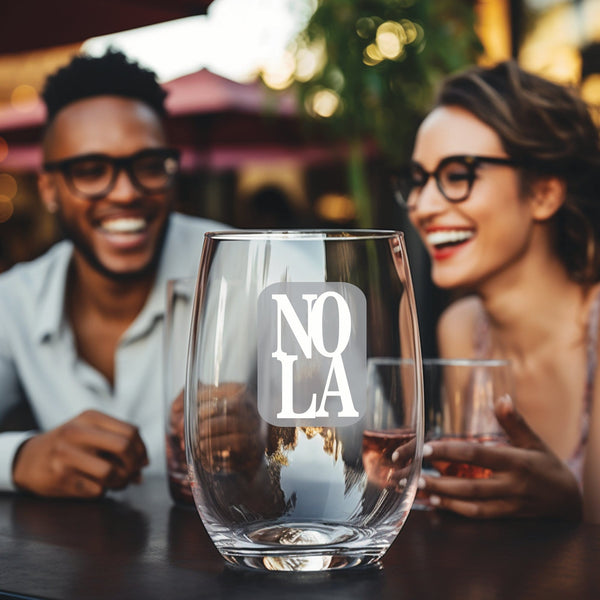 NOLA Reversed Stemless Wine Glass | 17 ounce | Laser Engraved | Permanently Etched | Stylish | New Orleans Style