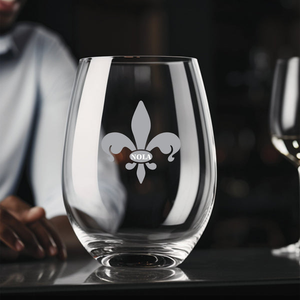 Fleur de Lis #9 Stemless Wine Glass | 17 ounce | Laser Engraved | Permanently Etched | Stylish | New Orleans Style