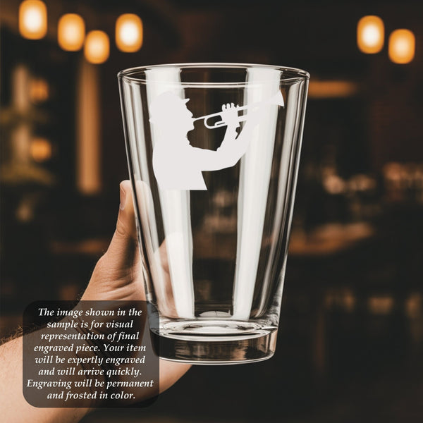 Trumpet  Pint Glass | 16 ounce | Laser Engraved | Permanently Etched | Perfect for a Cold Beverage