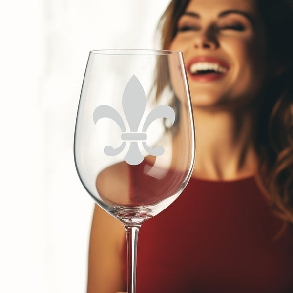 Fleur de Lis #3 | Unique Laser Etched Wine Glass Stemware: Add a Touch of Style to Your Barware Collection
