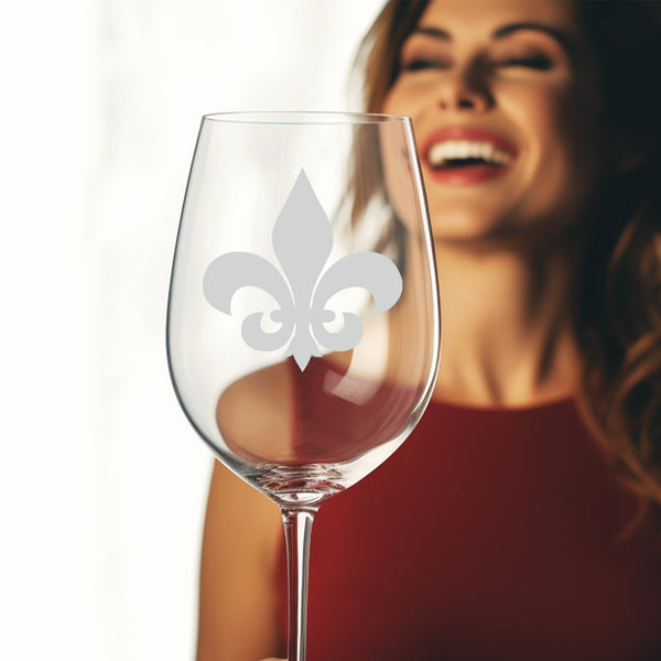 Fleur de Lis #2 | Unique Laser Etched Wine Glass Stemware: Add a Touch of Style to Your Barware Collection