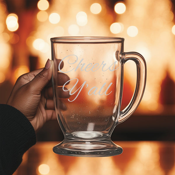 Cheers Y'all  | Rustic Charm meets Modern Style - Laser Etched Footed Cafe Mug for Cozy Morning Brews